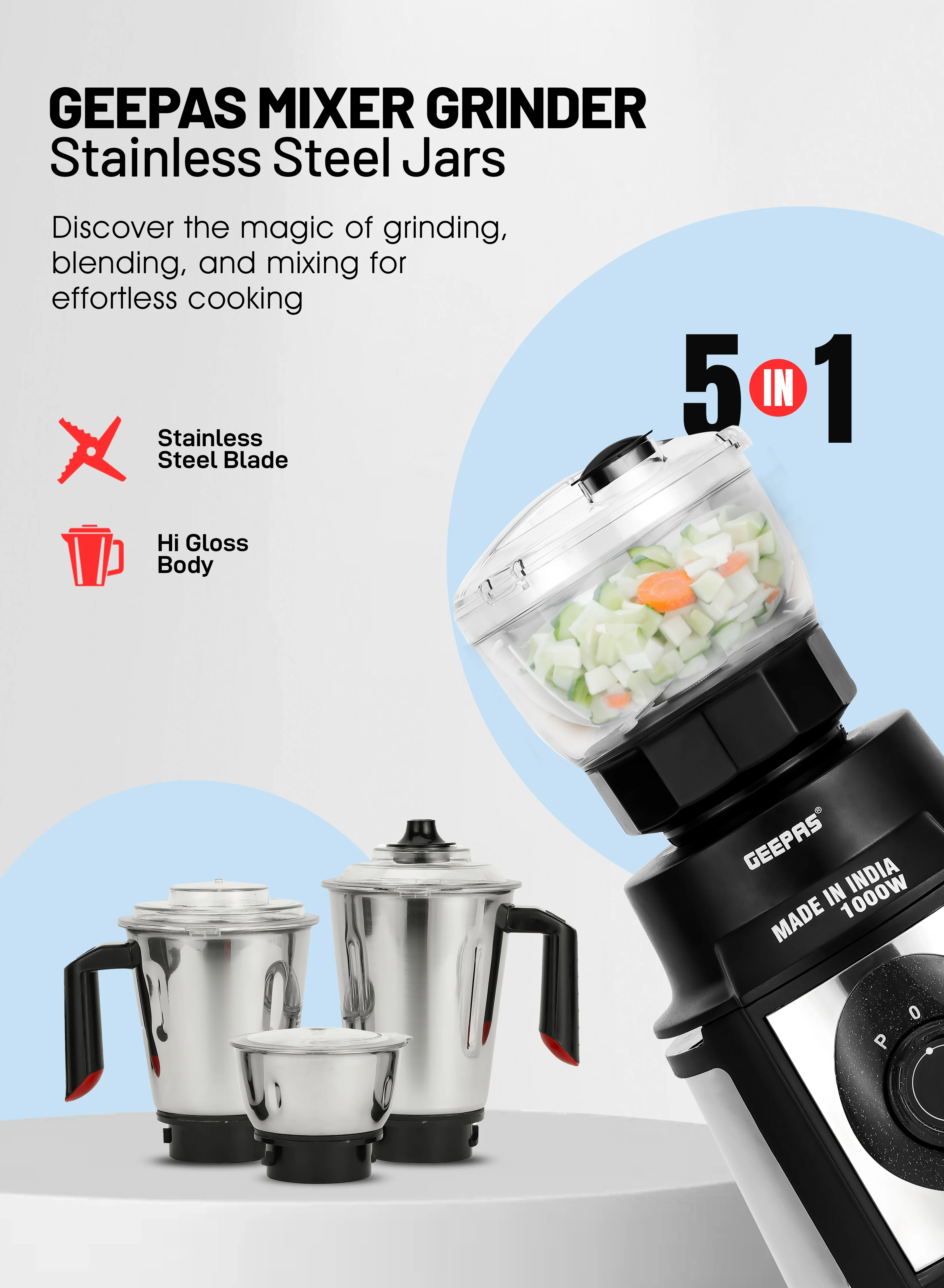Geepas GSB44108 5-in-1 Mixer Grinder | 1000W Powerful Copper Motor | Durable Stainless Steel Body | Wet & Dry Jars, Chutney Jar, Transparent Atta Kneader & Chopper - Image 6