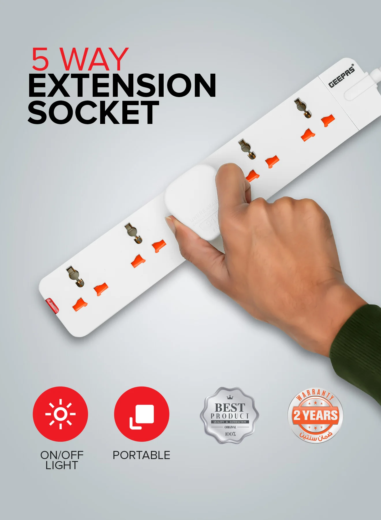 Geepas 5 Way Extension Socket 13A - Extension Lead Strip With Led Indicators | Extra Long Cord with Over Current Protected | Ideal For All Electronic Devices | 2 Years Warranty - Image 3
