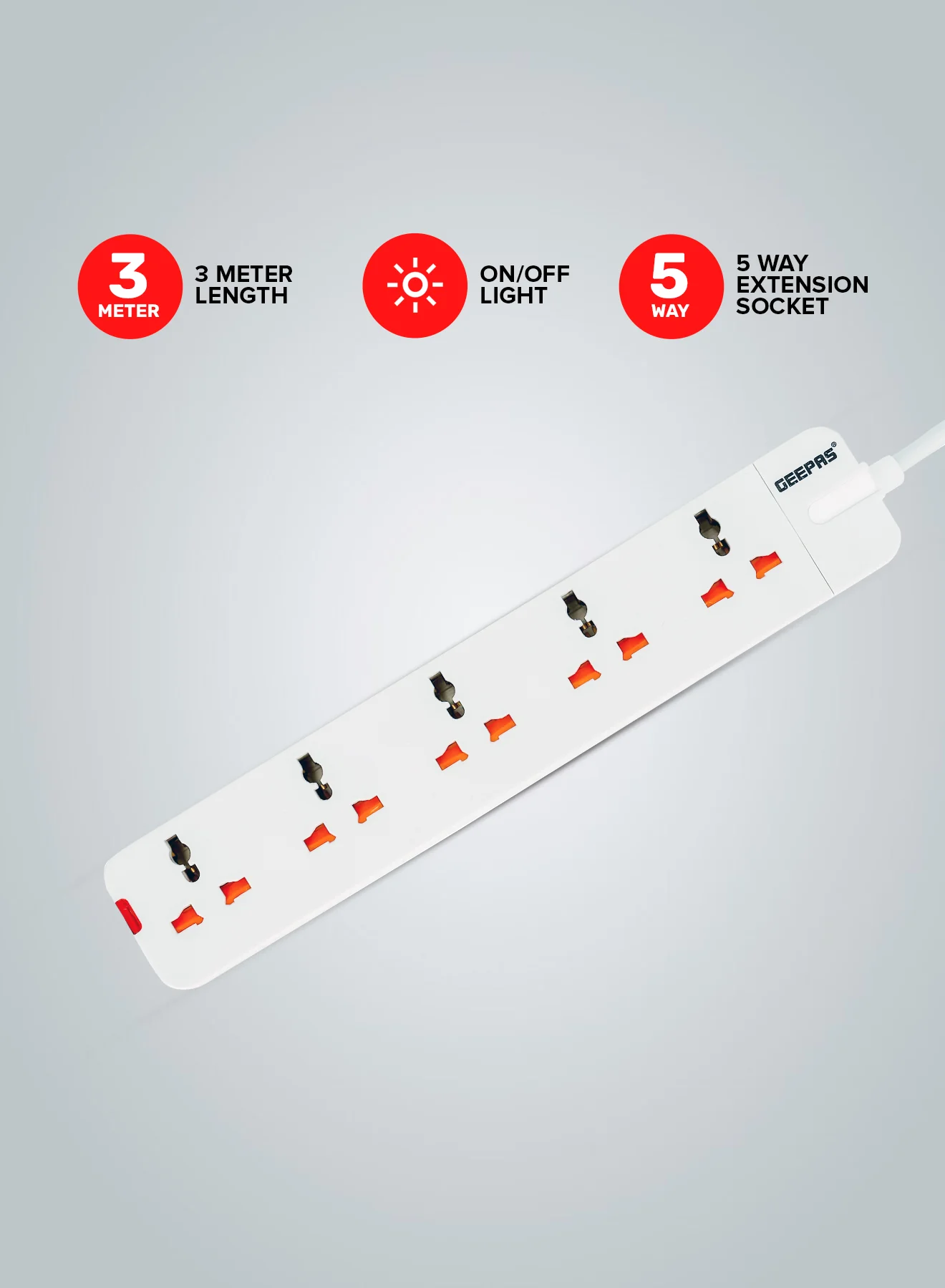 Geepas 5 Way Extension Socket 13A - Extension Lead Strip With Led Indicators | Extra Long Cord with Over Current Protected | Ideal For All Electronic Devices | 2 Years Warranty - Image 4