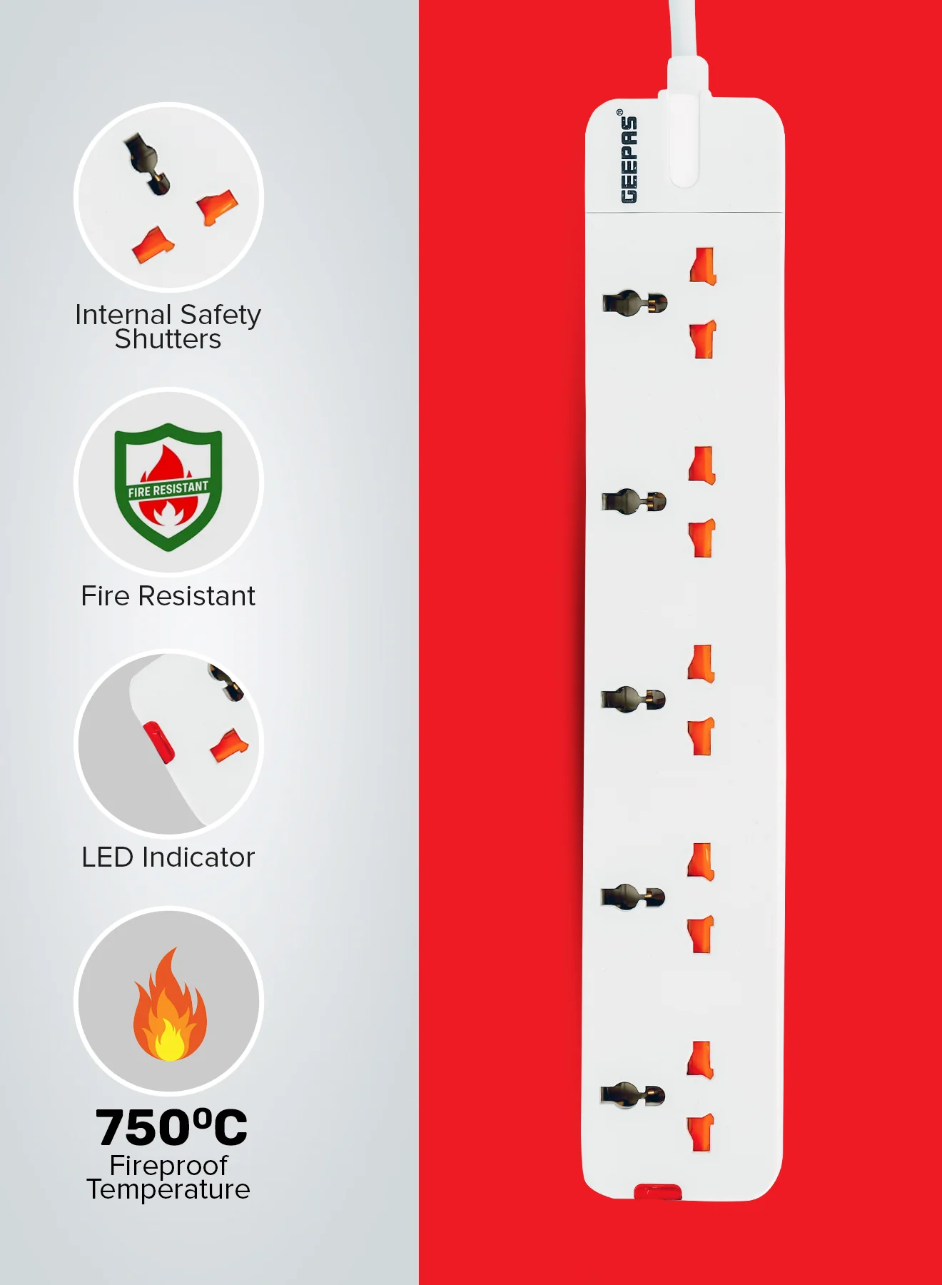 Geepas 5 Way Extension Socket 13A - Extension Lead Strip With Led Indicators | Extra Long Cord with Over Current Protected | Ideal For All Electronic Devices | 2 Years Warranty - Image 6