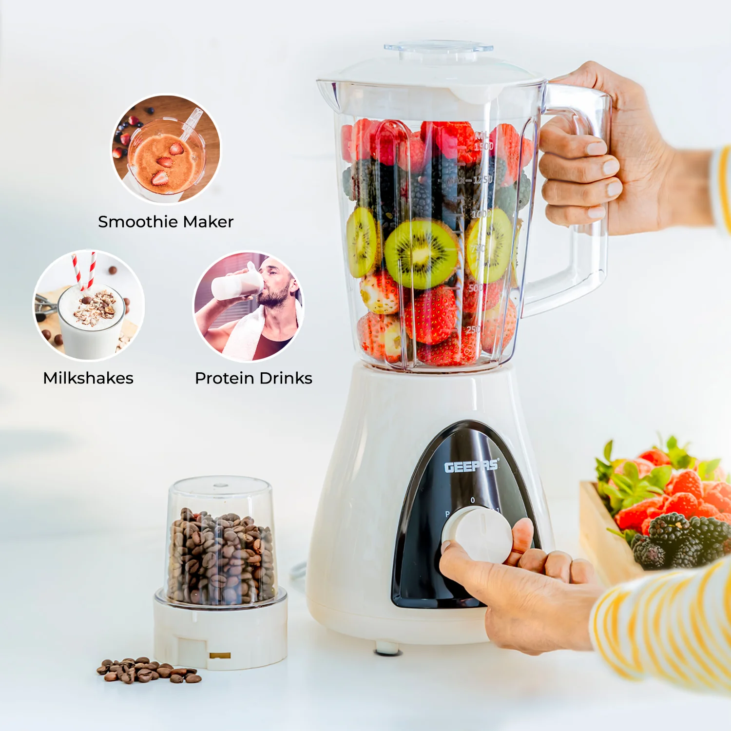 Geepas GSB5485 500W 2 in 1 Blender - Stainless Steel Blades, 2 Speed Control with Pulse | Overheat Protection| Ice Crusher, Chopper, Coffee Grinder & More - Image 4
