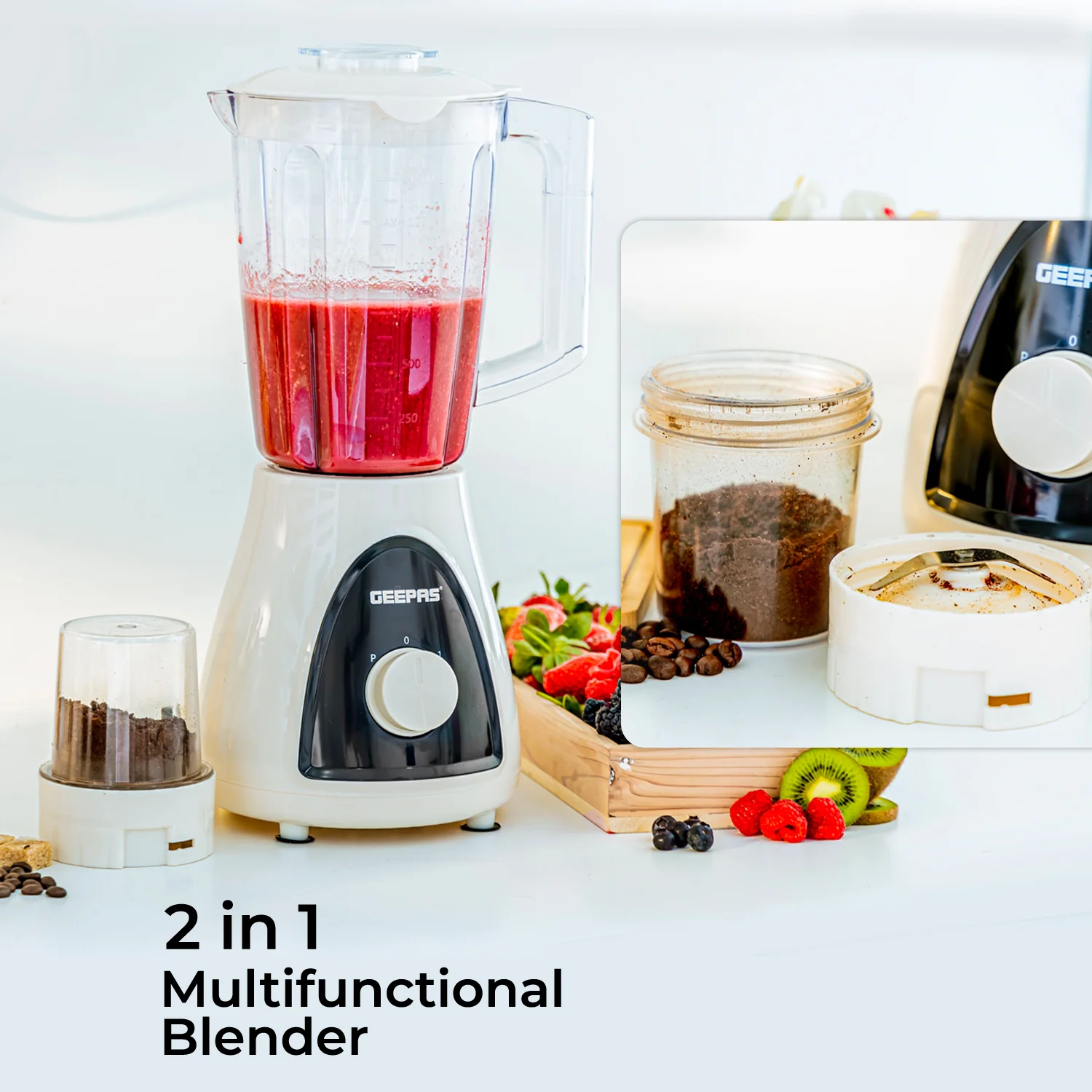 Geepas GSB5485 500W 2 in 1 Blender - Stainless Steel Blades, 2 Speed Control with Pulse | Overheat Protection| Ice Crusher, Chopper, Coffee Grinder & More - Image 5