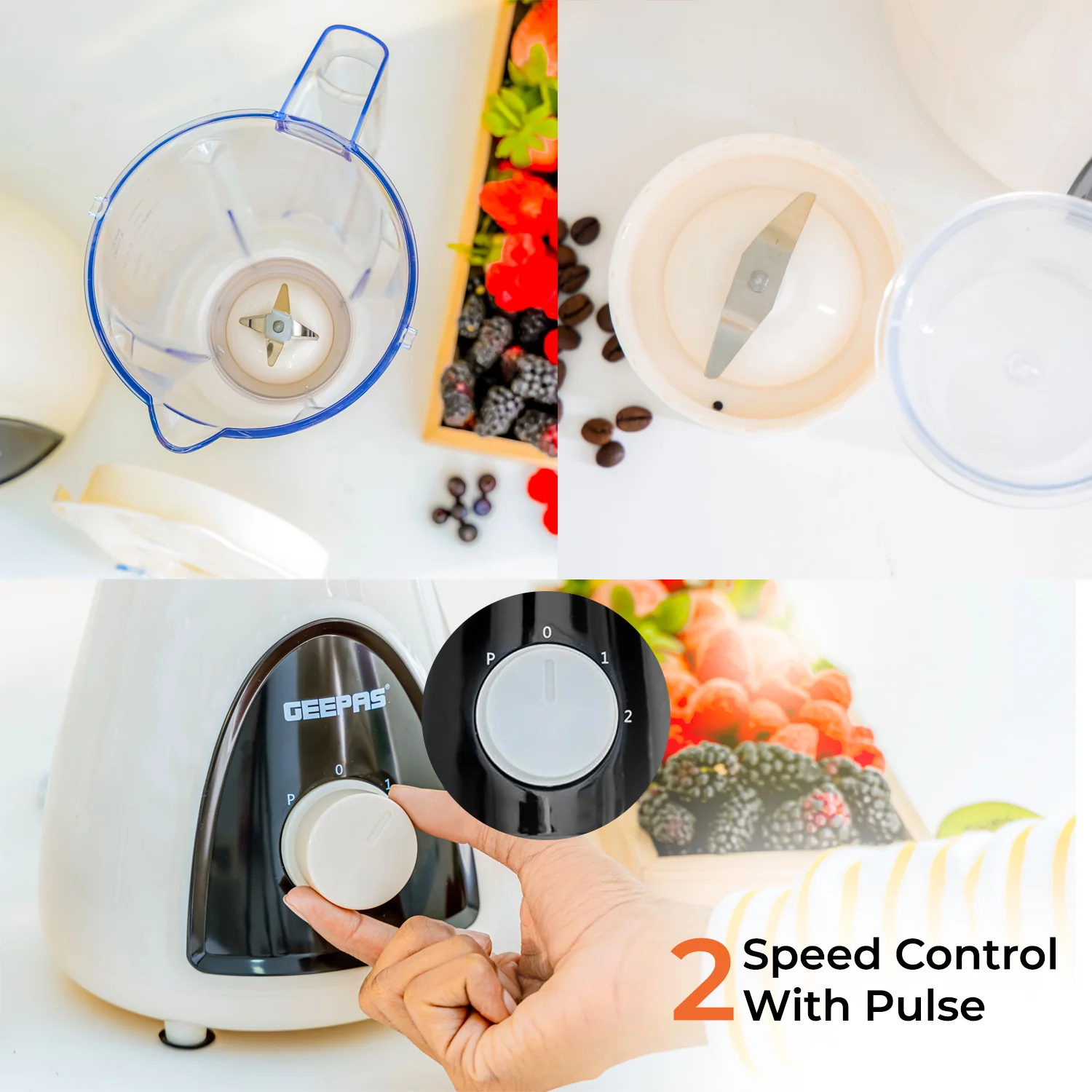 Geepas GSB5485 500W 2 in 1 Blender - Stainless Steel Blades, 2 Speed Control with Pulse | Overheat Protection| Ice Crusher, Chopper, Coffee Grinder & More - Image 7