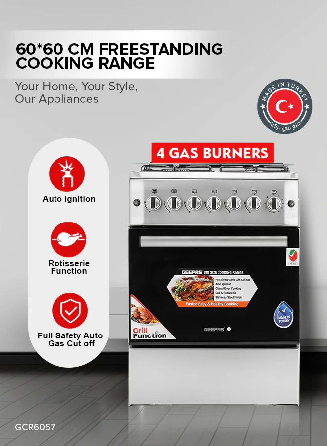 Geepas 60x60 Free Standing Oven | GCR6057 |4 Euro Pool Type Gas Burners | Auto Ignition| Multiple Power Levels| Grill & Rotisserie Function| Full Safety| 1 Year Warranty - Image 3