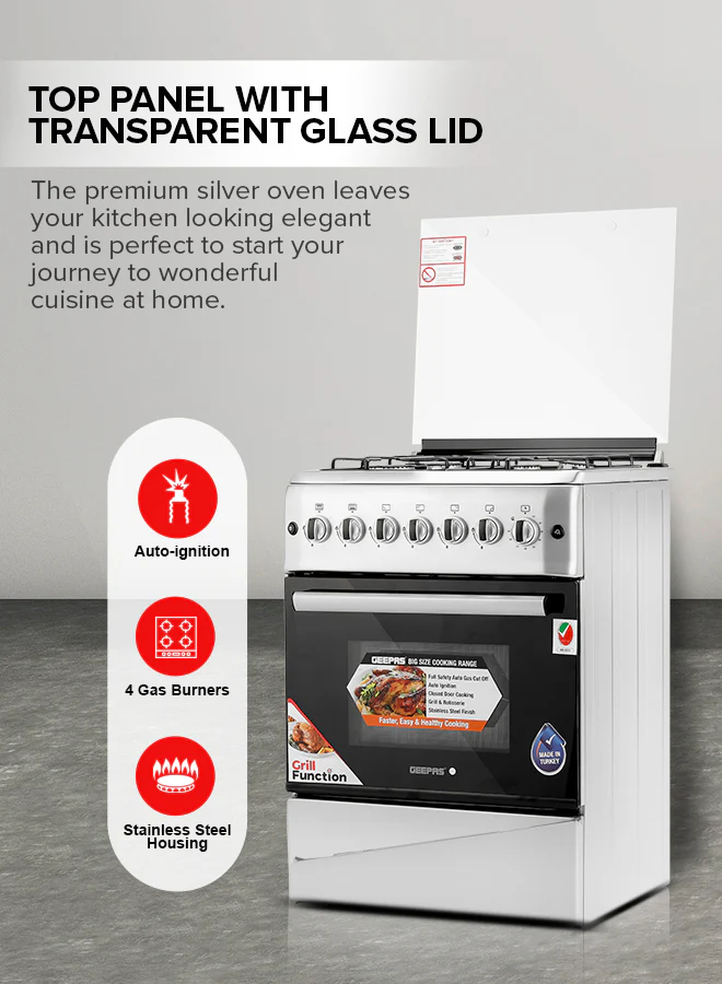 Geepas 60x60 Free Standing Oven | GCR6057 |4 Euro Pool Type Gas Burners | Auto Ignition| Multiple Power Levels| Grill & Rotisserie Function| Full Safety| 1 Year Warranty - Image 4