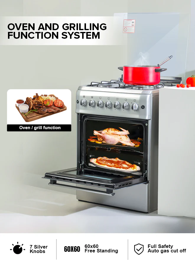 Geepas 60x60 Free Standing Oven | GCR6057 |4 Euro Pool Type Gas Burners | Auto Ignition| Multiple Power Levels| Grill & Rotisserie Function| Full Safety| 1 Year Warranty - Image 5