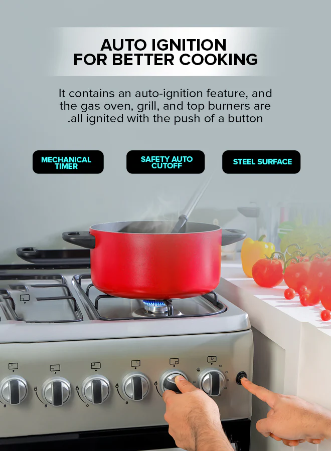Geepas 60x60 Free Standing Oven | GCR6057 |4 Euro Pool Type Gas Burners | Auto Ignition| Multiple Power Levels| Grill & Rotisserie Function| Full Safety| 1 Year Warranty - Image 6