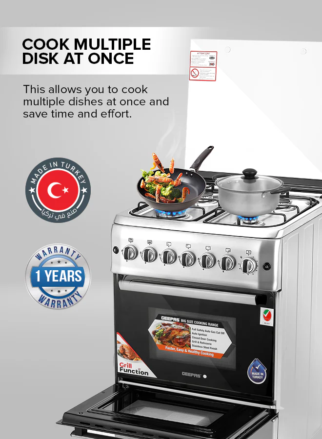Geepas 60x60 Free Standing Oven | GCR6057 |4 Euro Pool Type Gas Burners | Auto Ignition| Multiple Power Levels| Grill & Rotisserie Function| Full Safety| 1 Year Warranty - Image 7