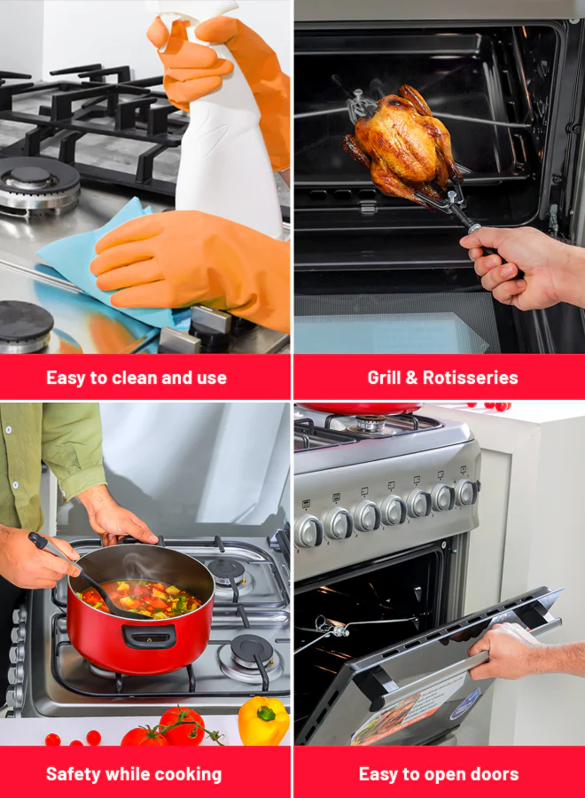 Geepas 60x60 Free Standing Oven | GCR6057 |4 Euro Pool Type Gas Burners | Auto Ignition| Multiple Power Levels| Grill & Rotisserie Function| Full Safety| 1 Year Warranty - Image 8