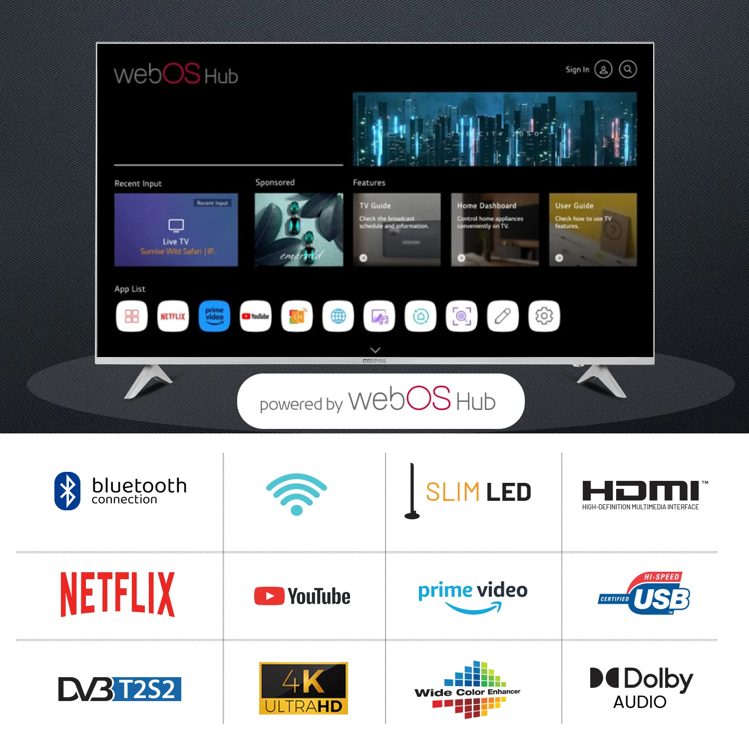 Geepas 65" Ultra HD LED TV- GLED6569SWUHD/ Gaming Supported, User Friendly with Voice Assistant/ with Remote Control, HDMI and USB Ports/ Bluetooth, App Store, Apple AirPlay/ Slim Design - Image 3