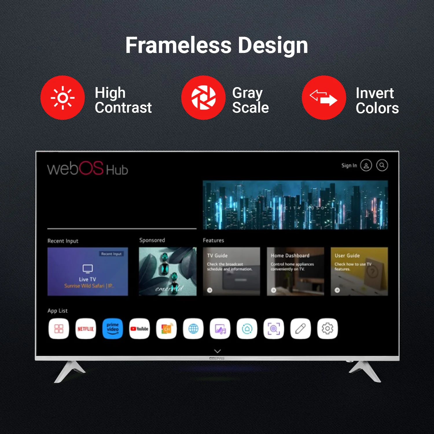 Geepas 65" Ultra HD LED TV- GLED6569SWUHD/ Gaming Supported, User Friendly with Voice Assistant/ with Remote Control, HDMI and USB Ports/ Bluetooth, App Store, Apple AirPlay/ Slim Design - Image 5