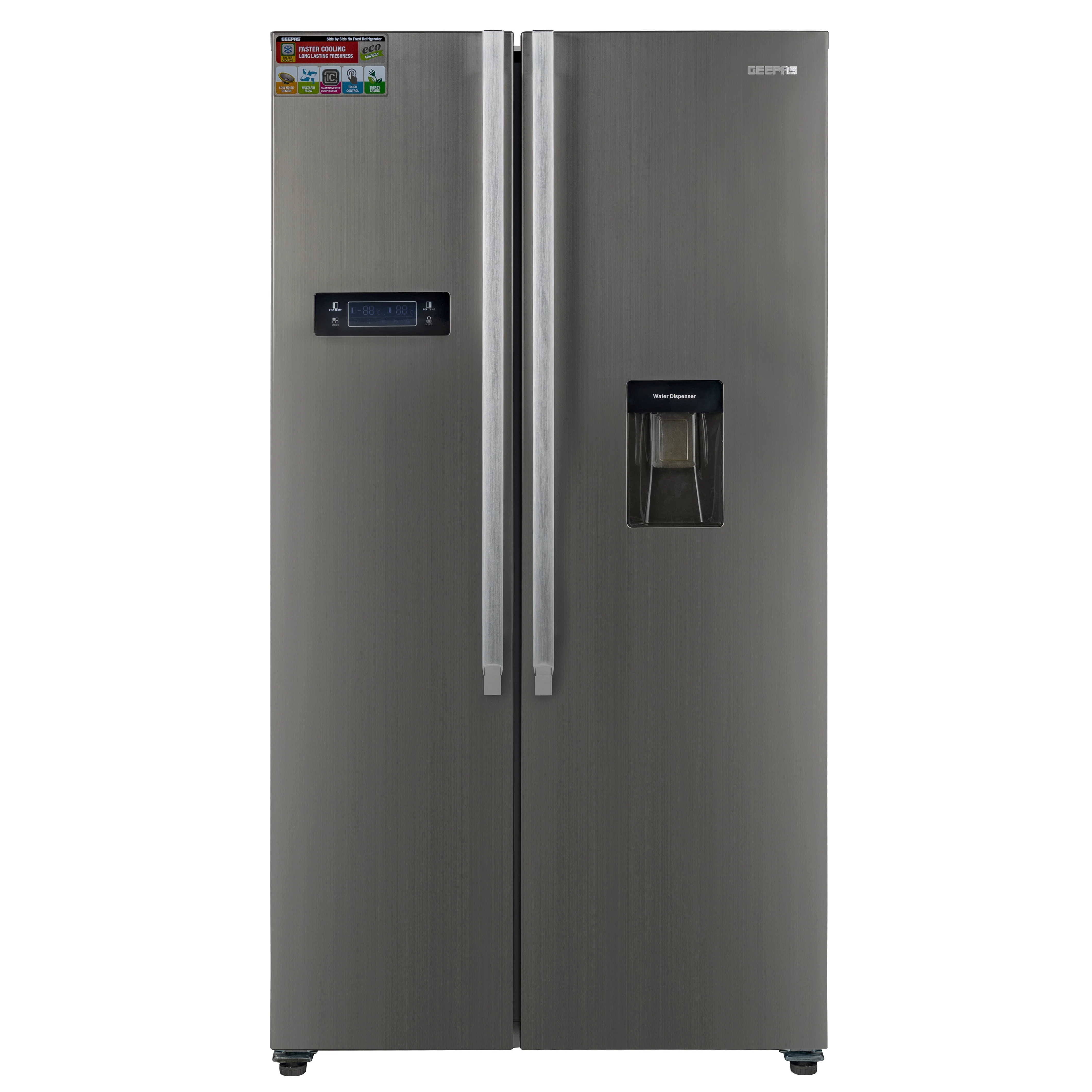 Geepas 670 Liter Side by Side Refrigerator- GRFS6622SWXHN/ Multi-Airflow with Interior Light and Unbreakable Glass Shelves/ Large Space and Inverter Compressor with Smart Cooling
