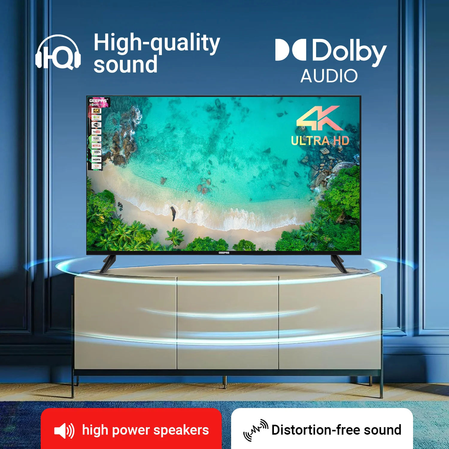 Geepas 75" Smart TV- GLED7523SXUHD| VIDAA Powered, DOLBY Digital, 4K Ultra HD, Smart TV| HDMI & USB Ports|  Pre-Installed Apps, Wi-Fi and Screen Sharing, Dolby Digital - Image 5