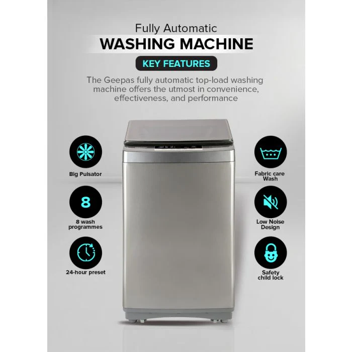 Geepas GFWM8823SX Fully Automatic Top Load Washing Machine | 8kg Capacity| 450W Wash Power| 8 Wash Programs| Diamond Drum| LED Display| Safety Lock| 1-Year Warranty - Image 4
