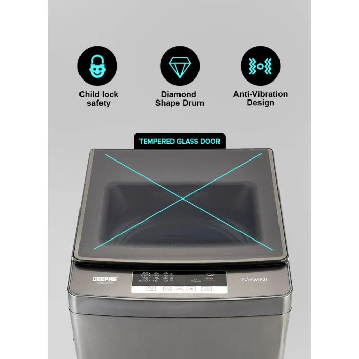 Geepas GFWM8823SX Fully Automatic Top Load Washing Machine | 8kg Capacity| 450W Wash Power| 8 Wash Programs| Diamond Drum| LED Display| Safety Lock| 1-Year Warranty - Image 6