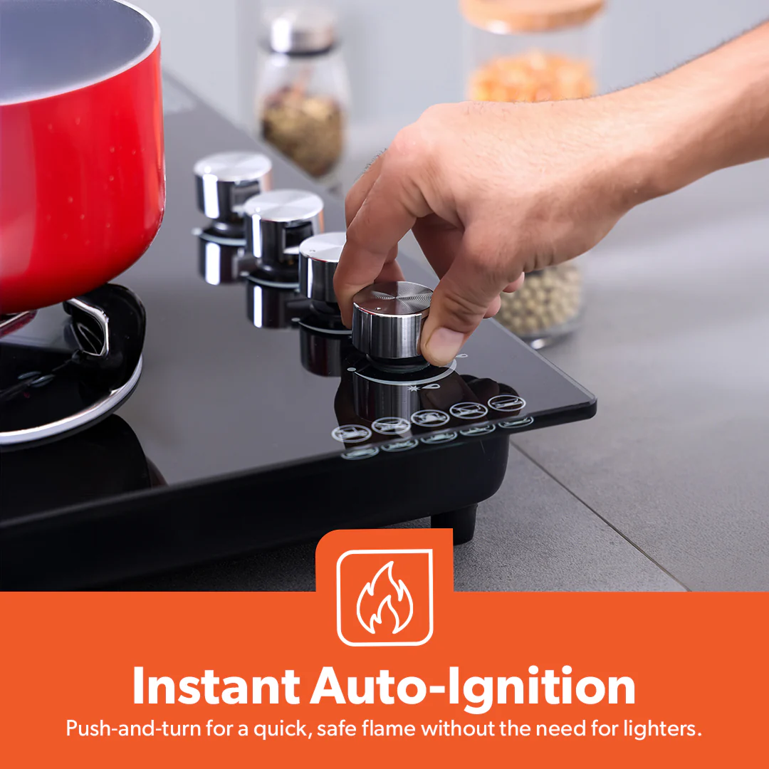 Geepas Glass Gas Hob GK4410 | 4 Burner Gas Stove with Auto Ignition | 8mm Extra-Hard Tempered Glass Surface| Low Gas Consumption & Durable Pan Support| 2 Years Warranty - Image 3
