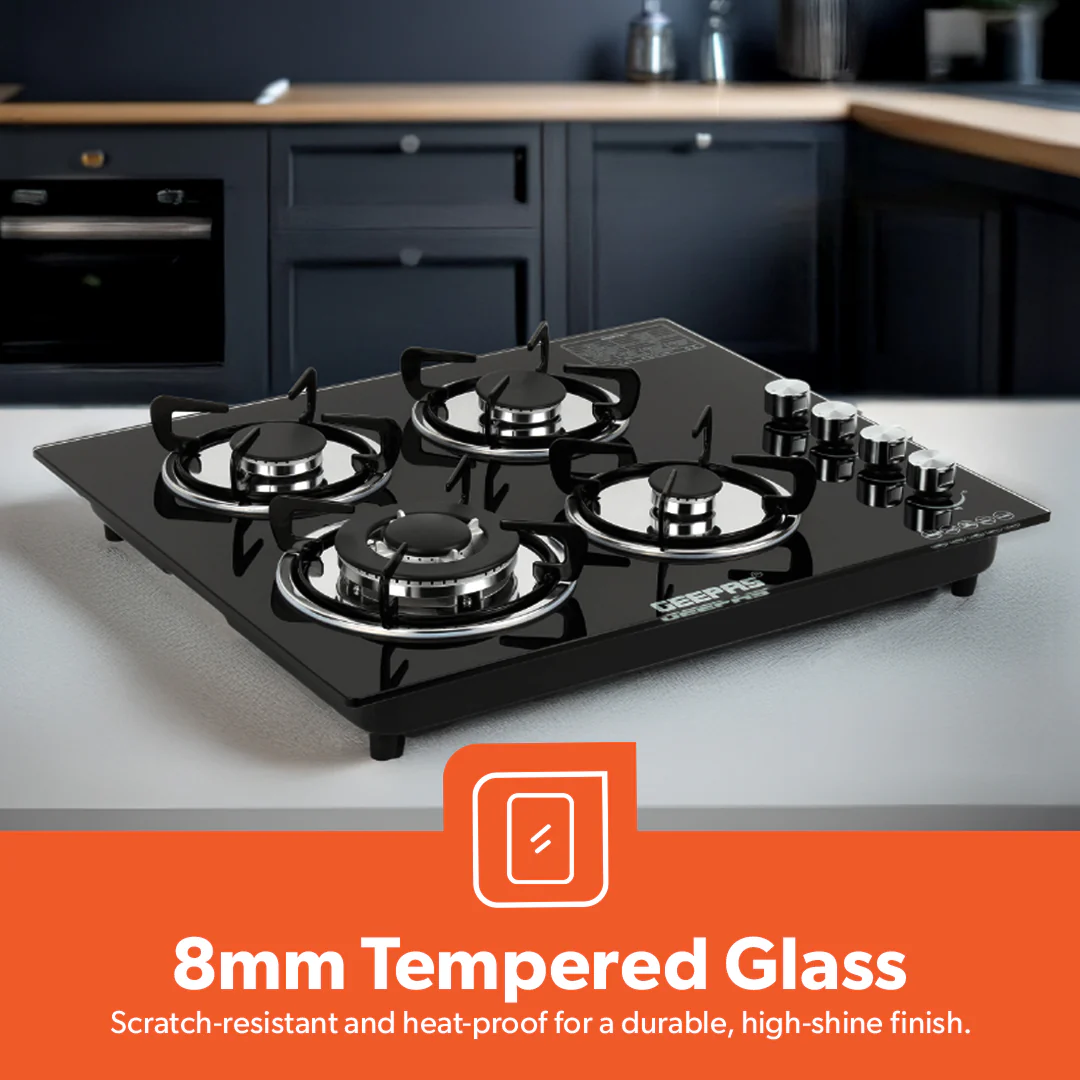 Geepas Glass Gas Hob GK4410 | 4 Burner Gas Stove with Auto Ignition | 8mm Extra-Hard Tempered Glass Surface| Low Gas Consumption & Durable Pan Support| 2 Years Warranty - Image 4