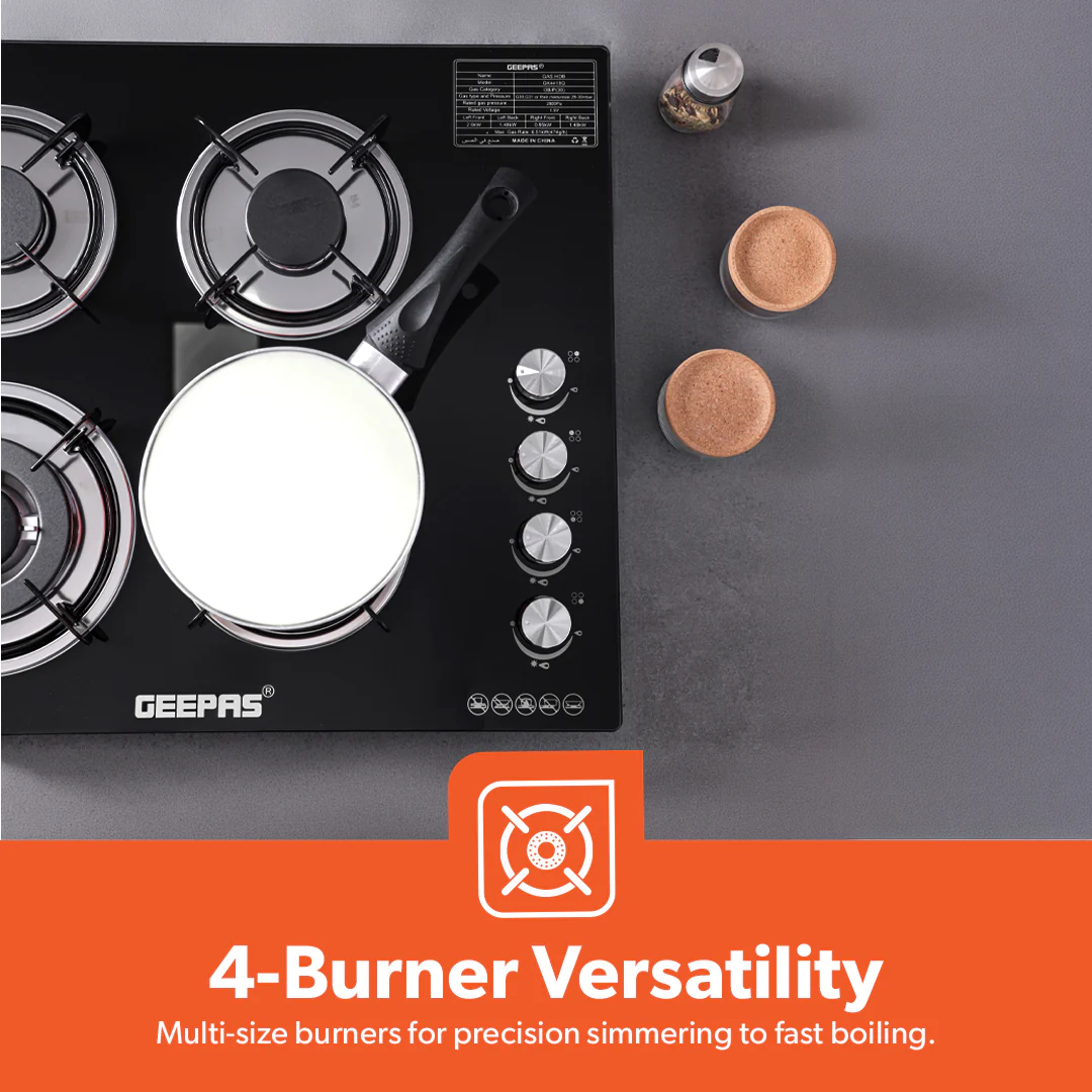 Geepas Glass Gas Hob GK4410 | 4 Burner Gas Stove with Auto Ignition | 8mm Extra-Hard Tempered Glass Surface| Low Gas Consumption & Durable Pan Support| 2 Years Warranty - Image 5