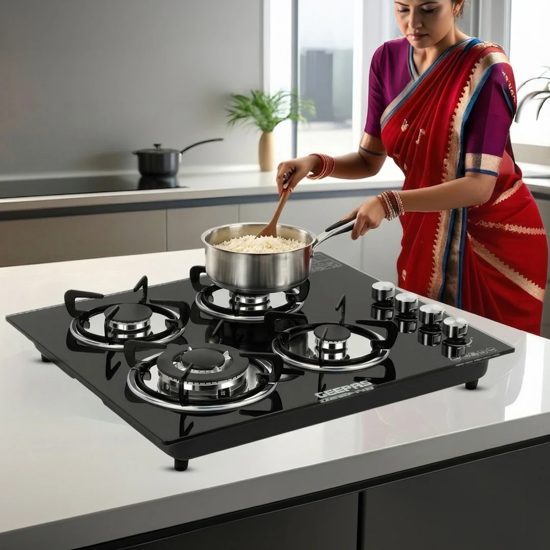 Geepas Glass Gas Hob GK4410 | 4 Burner Gas Stove with Auto Ignition | 8mm Extra-Hard Tempered Glass Surface| Low Gas Consumption & Durable Pan Support| 2 Years Warranty - Image 6