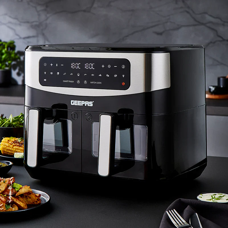 Geepas 9 L Dual Basket Digital Air Fryer- GAF37525UK| Equipped with VORTEX Air Frying Technology, Oil Free Cooking| LED Display with Touch Screen, 10 Preset Cooking Modes - Image 2