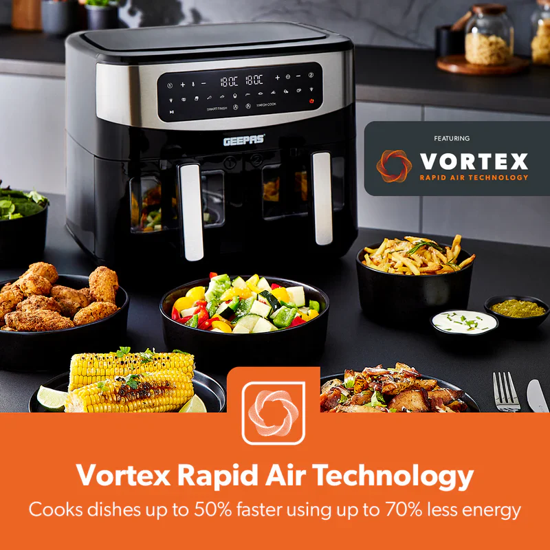 Geepas 9 L Dual Basket Digital Air Fryer- GAF37525UK| Equipped with VORTEX Air Frying Technology, Oil Free Cooking| LED Display with Touch Screen, 10 Preset Cooking Modes - Image 3