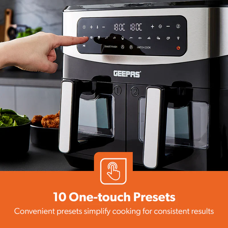 Geepas 9 L Dual Basket Digital Air Fryer- GAF37525UK| Equipped with VORTEX Air Frying Technology, Oil Free Cooking| LED Display with Touch Screen, 10 Preset Cooking Modes - Image 7
