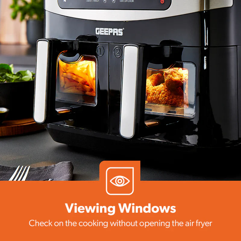 Geepas 9 L Dual Basket Digital Air Fryer- GAF37525UK| Equipped with VORTEX Air Frying Technology, Oil Free Cooking| LED Display with Touch Screen, 10 Preset Cooking Modes - Image 8