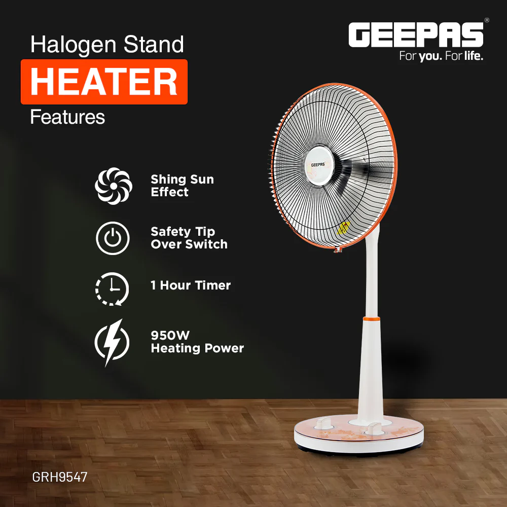 Geepas Halogen Stand Heater GRH9547 | 950W Powerful Heating with Adjustable Height  | 1-Hour Timer & Safety Tip-Over Switch | Energy Efficient  | 2 Years Warranty - Image 4