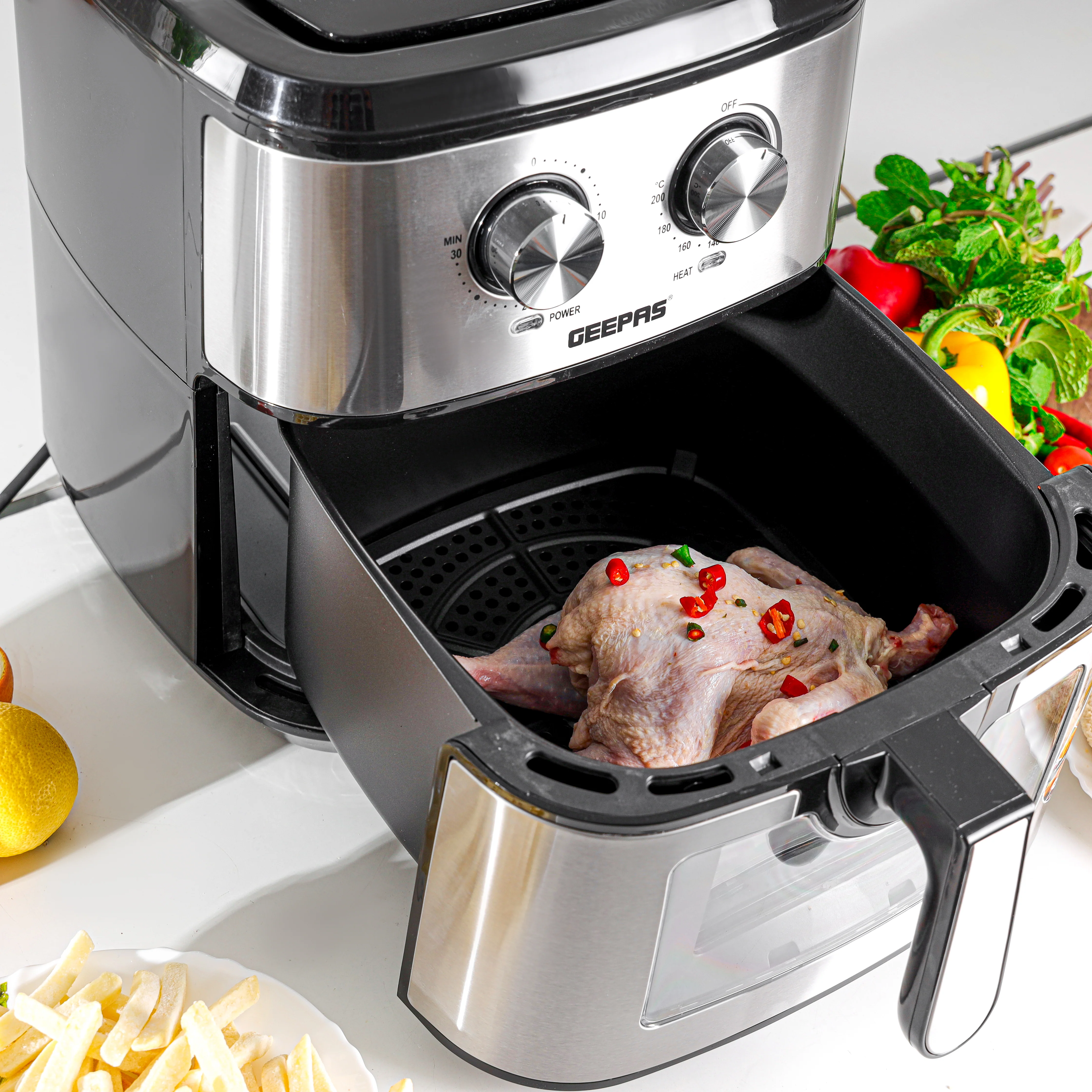Geepas Air Fryer- GAF37542/ 9.2 L/  Vortex Frying Technology/ 1-30 Min Timer, Temperature 100-200 Degree Celsius/  View Glass Window / 2 Years Warranty, Black and Silver - Image 5