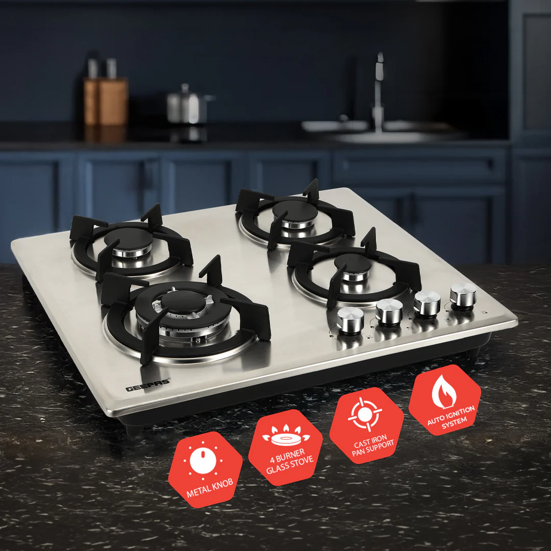 Geepas Built-In Gas Hob GGC31026 | 4 Burner Stainless Steel Gas Stove with Auto Ignition| Durable Cast Iron Pan Support | Easy-to-Clean Design & 2 Years Warranty - Image 3