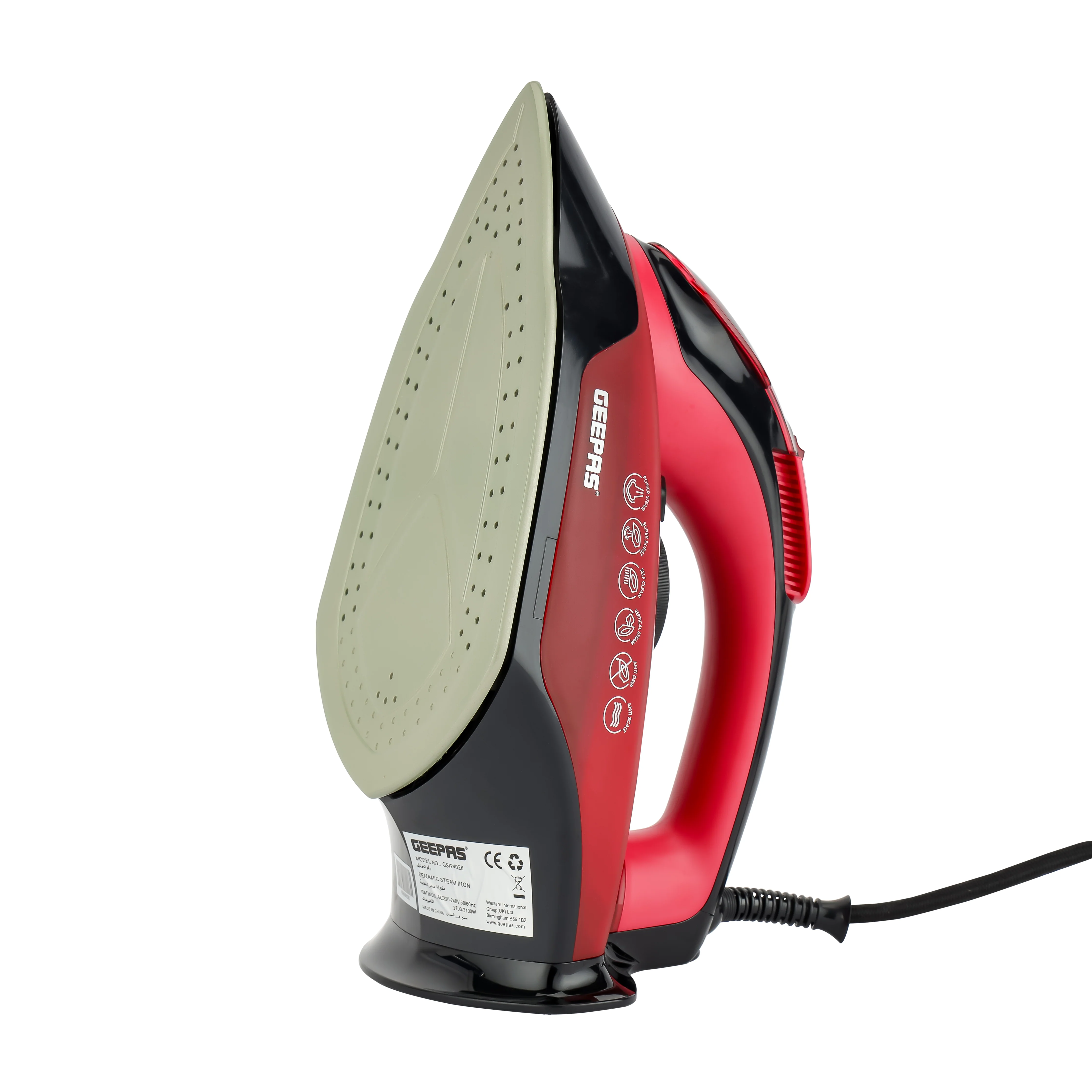 Geepas Ceramic Steam Iron GSI24026 | 3100W, Ceramic Soleplate, Anti-Calc & Anti-Drip, 350ml Tank, Comfortable Handle, Multi-Function, 2-Year Warranty, Red/Black - Image 6