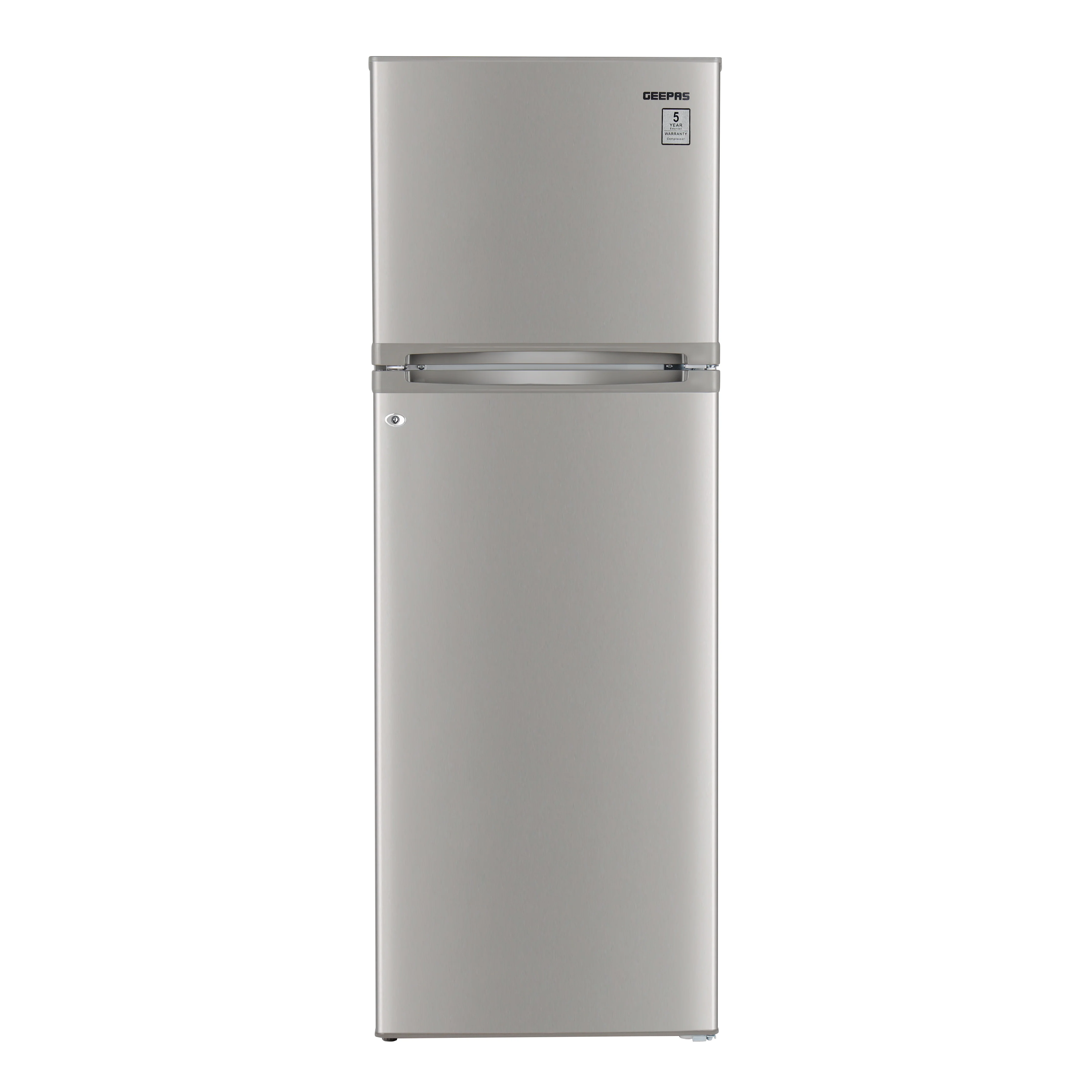 Geepas Defrost Double Door Refrigerator- GRF3500SXE/ Quick Cooling, Low Noise, Adjustable Thermostat/ Equipped with Glass Shelves, Big Crystal Drawer, Silver
