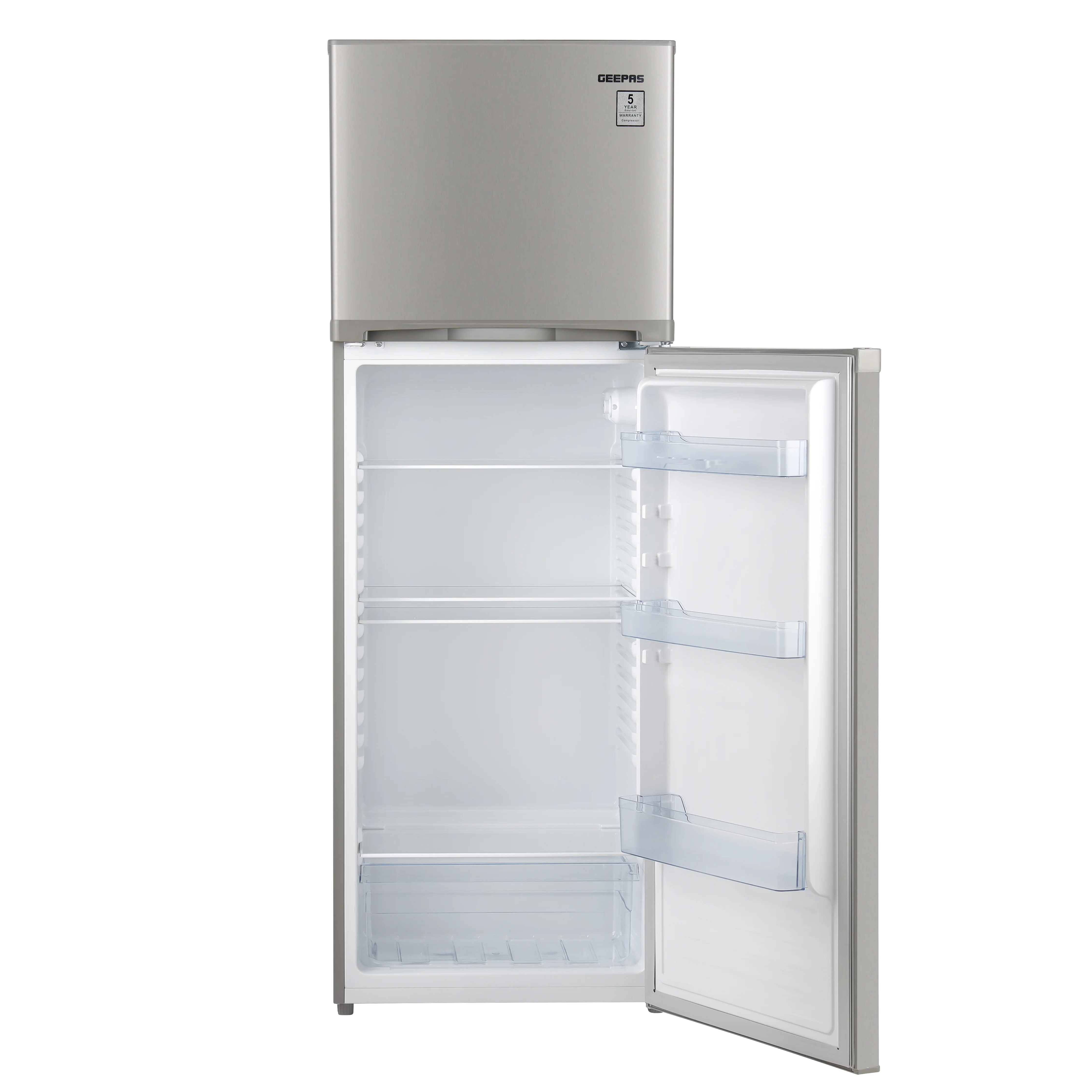 Geepas Defrost Double Door Refrigerator- GRF3500SXE/ Quick Cooling, Low Noise, Adjustable Thermostat/ Equipped with Glass Shelves, Big Crystal Drawer, Silver - Image 2