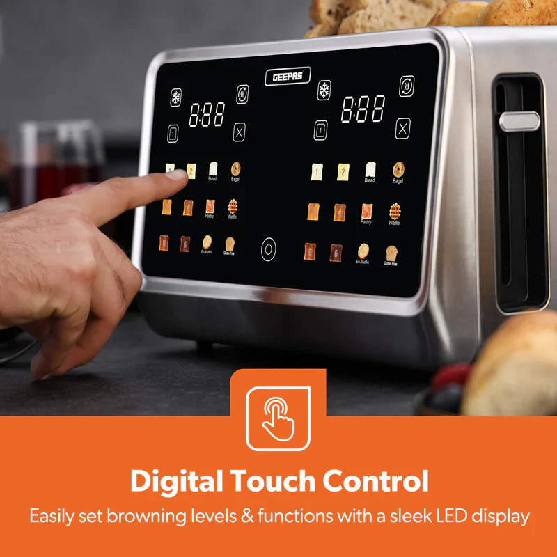 Geepas Digital 4-Slice Toaster- GBT36569UK/ 6 Modes, Removable Crumb Tray and Stainless Steel Housing, Defrost, Reheat and Cancel Functions/  2 Years Warranty, Silver - Image 3