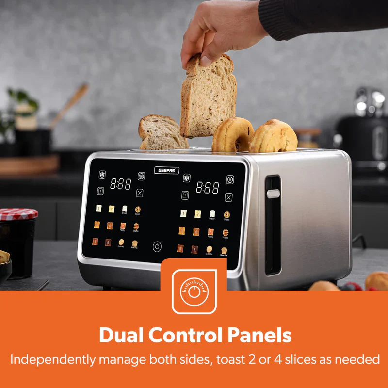 Geepas Digital 4-Slice Toaster- GBT36569UK/ 6 Modes, Removable Crumb Tray and Stainless Steel Housing, Defrost, Reheat and Cancel Functions/  2 Years Warranty, Silver - Image 4