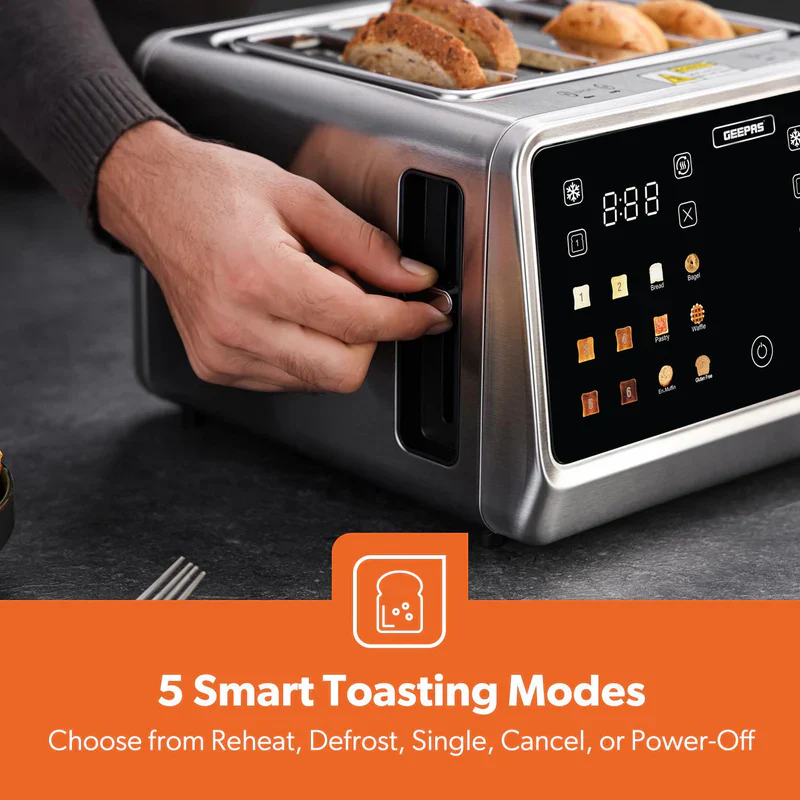 Geepas Digital 4-Slice Toaster- GBT36569UK/ 6 Modes, Removable Crumb Tray and Stainless Steel Housing, Defrost, Reheat and Cancel Functions/  2 Years Warranty, Silver - Image 5