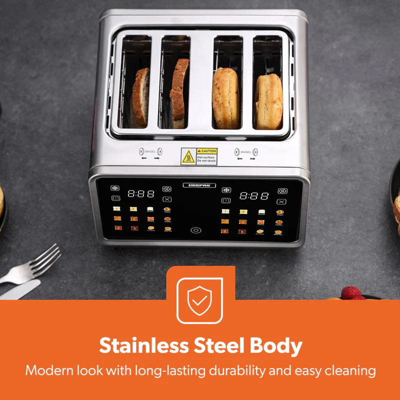 Geepas Digital 4-Slice Toaster- GBT36569UK/ 6 Modes, Removable Crumb Tray and Stainless Steel Housing, Defrost, Reheat and Cancel Functions/  2 Years Warranty, Silver - Image 6