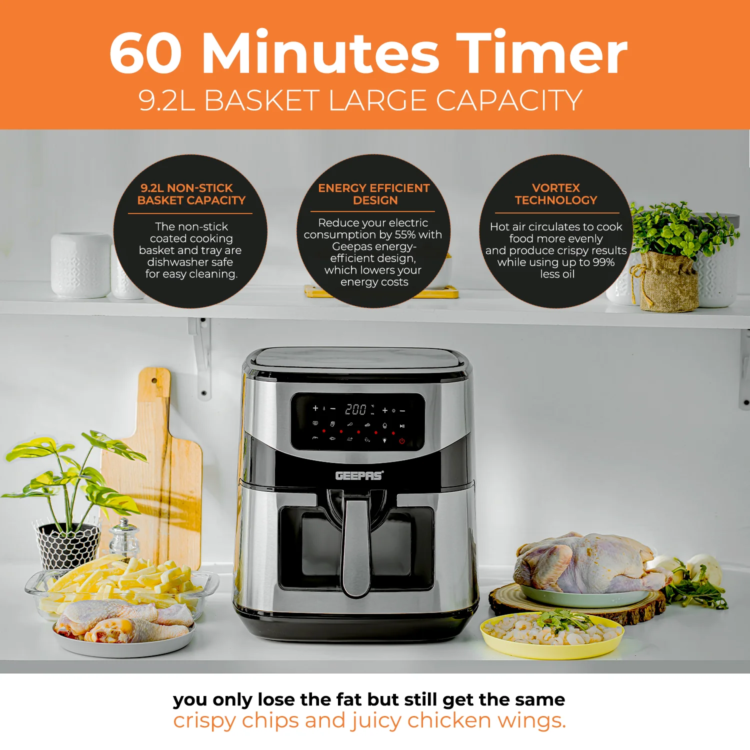 Geepas Digital Air Fryer GAF37524UK | 9.2L Capacity, Vortex Air Frying Technology, Oil-Free Cooking, LED Touchscreen, 9 Preset Modes, 1–60 Min Timer, 2 Years Warranty - Image 3
