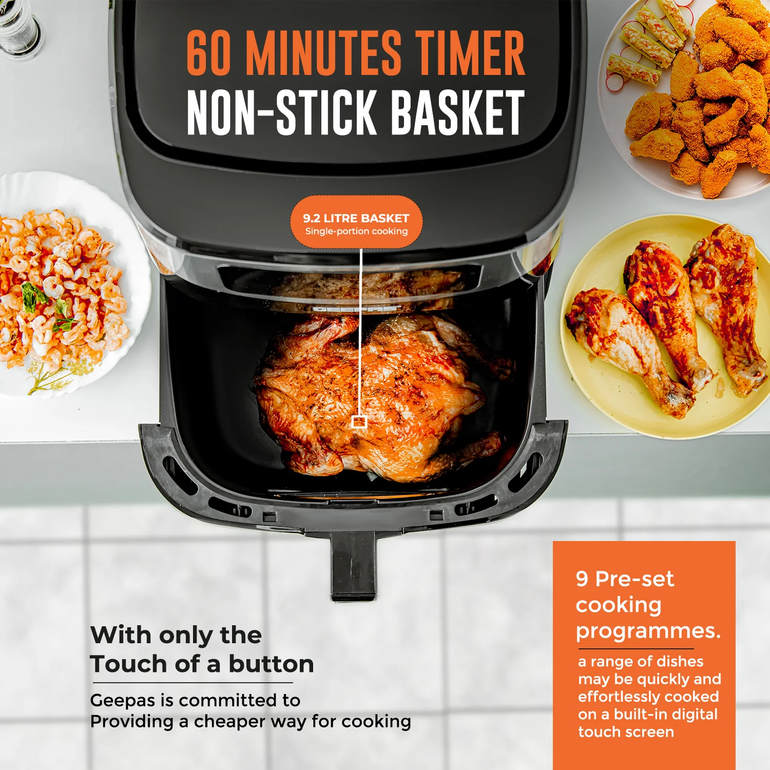 Geepas Digital Air Fryer GAF37524UK | 9.2L Capacity, Vortex Air Frying Technology, Oil-Free Cooking, LED Touchscreen, 9 Preset Modes, 1–60 Min Timer, 2 Years Warranty - Image 4