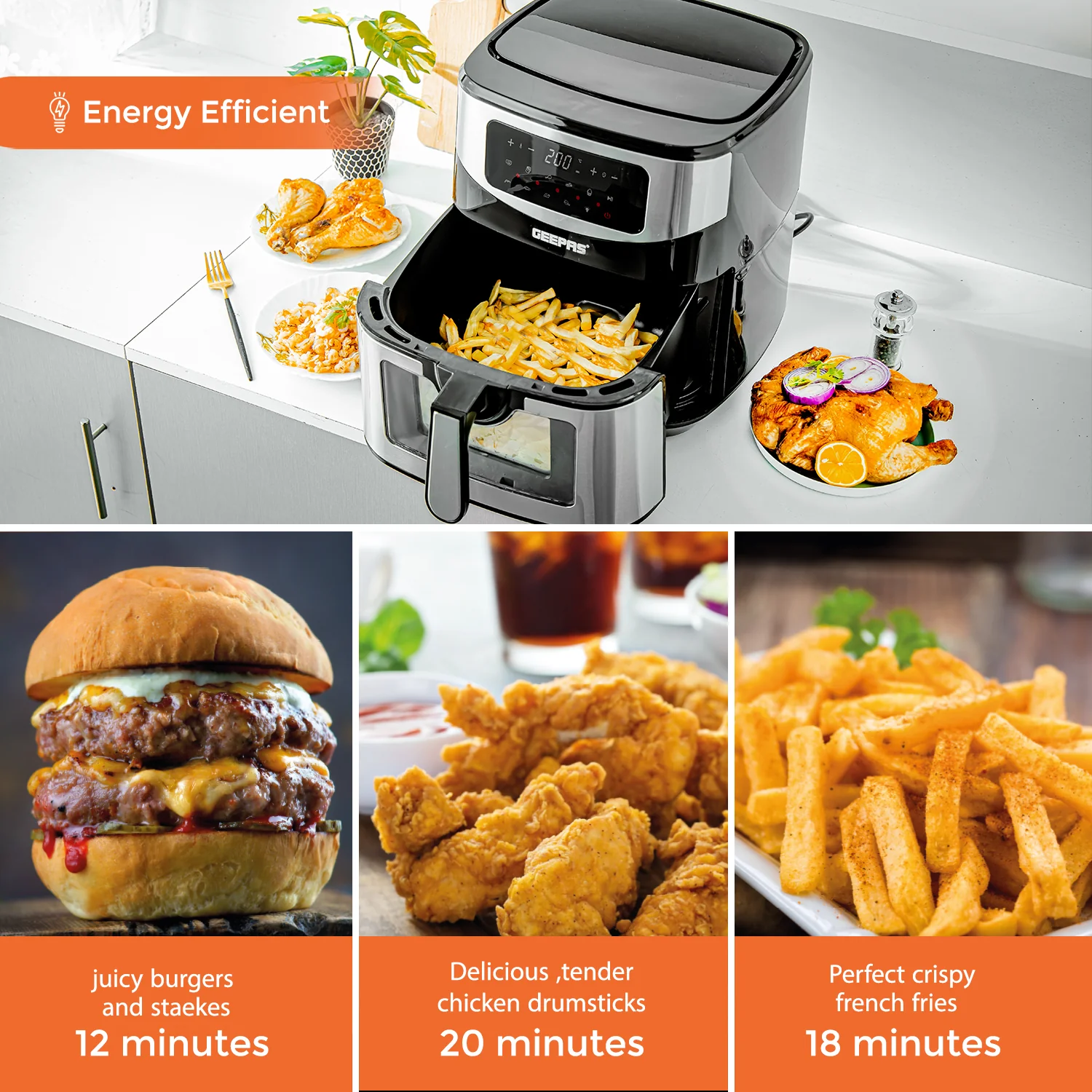 Geepas Digital Air Fryer GAF37524UK | 9.2L Capacity, Vortex Air Frying Technology, Oil-Free Cooking, LED Touchscreen, 9 Preset Modes, 1–60 Min Timer, 2 Years Warranty - Image 5