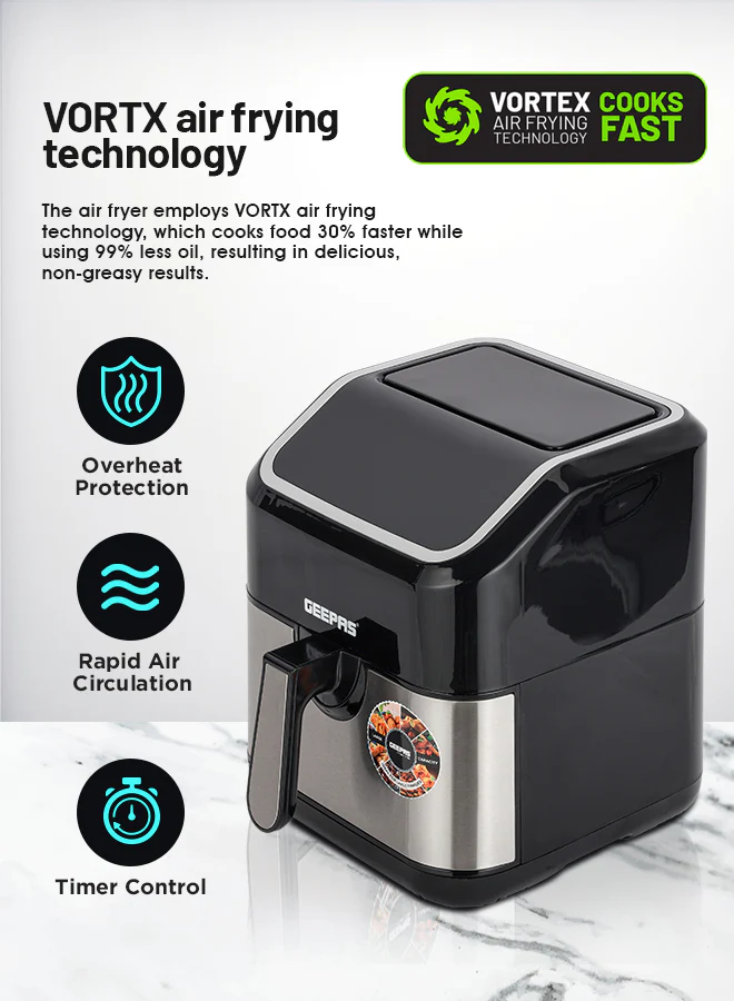 Geepas Digital Air Fryer- GAF37527UK/5.0 L Pot, with Vortex Technology/Digital Display, Touch Screen, Multiple Function, 1-60 Min Timer, Temperature 50-200 Degree Celsius - Image 4