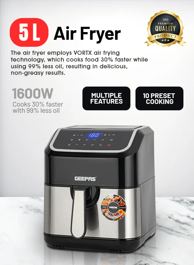 Geepas Digital Air Fryer- GAF37527UK/5.0 L Pot, with Vortex Technology/Digital Display, Touch Screen, Multiple Function, 1-60 Min Timer, Temperature 50-200 Degree Celsius - Image 6