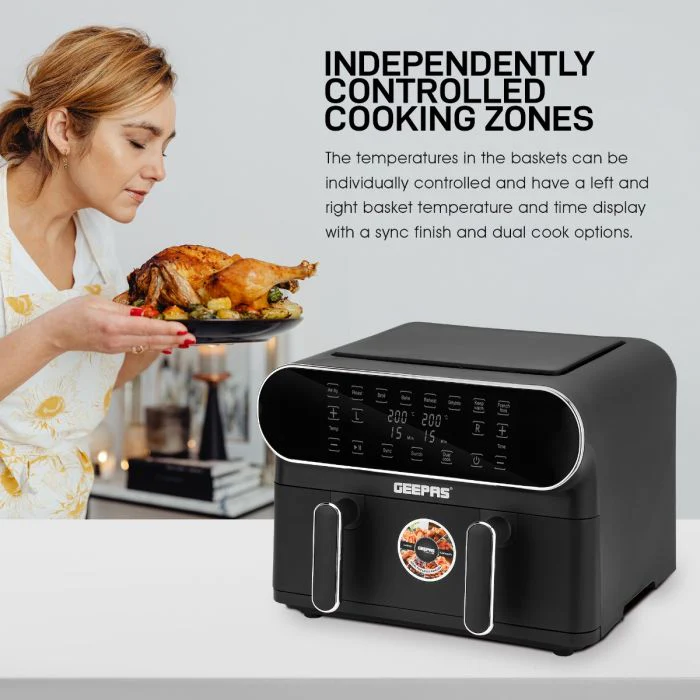 Geepas Digital Air Fryer- GAF37532| 11 L Capacity with 5.5 L Dual Baskets |  VORTEX Air Frying Technology| Digital Display, Dehydrate, 1-60 Min Timer | 2 Years Warranty - Image 4