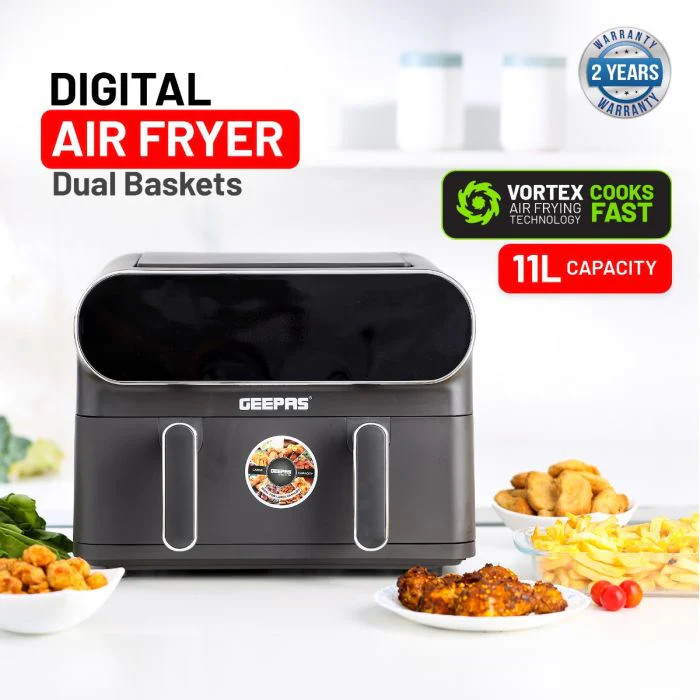 Geepas Digital Air Fryer- GAF37532| 11 L Capacity with 5.5 L Dual Baskets |  VORTEX Air Frying Technology| Digital Display, Dehydrate, 1-60 Min Timer | 2 Years Warranty - Image 5