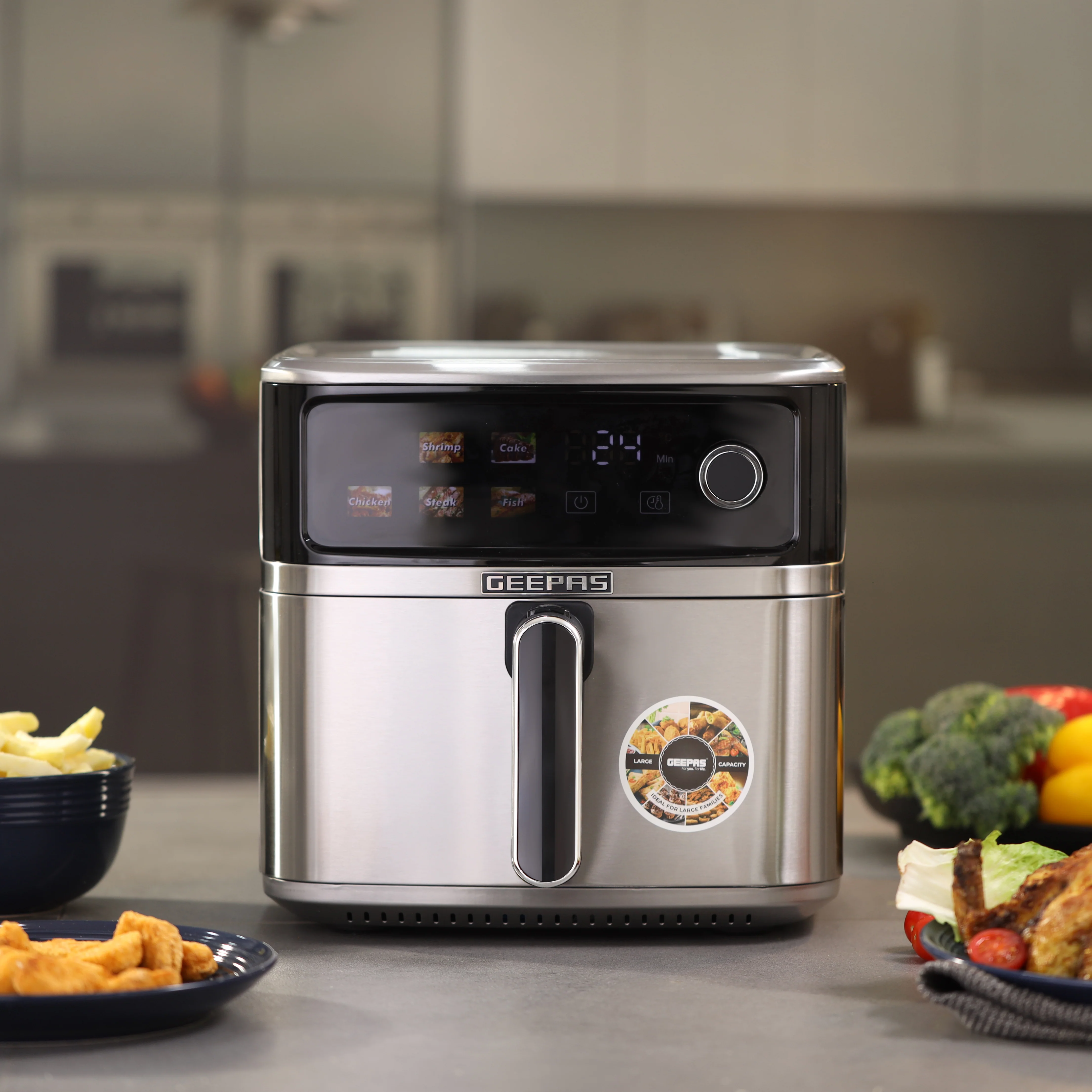 Geepas GAF37534T 8L Stainless Steel Digital Air Fryer | Oil-Free Cooking | 6 Preset Programs, 60 Min Timer, 70–200°C Temp | Ideal for Fries,  Bread Etc | 2 Years Warranty - Image 2