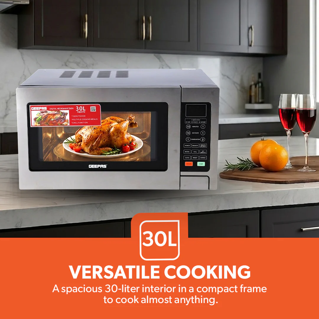 Geepas  Digital Grill Microwave Oven GMO1897 |30L |1000W | Multiple Cooking Menus| Child Safety Lock| Digital Control Panel | Reheating, Defrost & Grill | 1-Year Warranty - Image 6