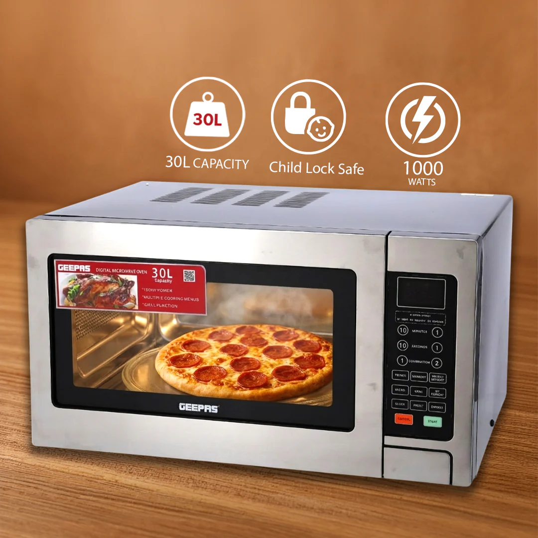 Geepas  Digital Grill Microwave Oven GMO1897 |30L |1000W | Multiple Cooking Menus| Child Safety Lock| Digital Control Panel | Reheating, Defrost & Grill | 1-Year Warranty - Image 7