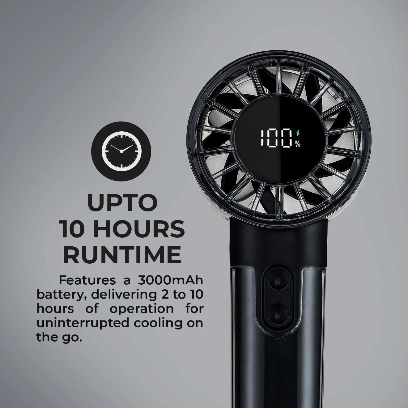 Geepas Digital High Speed Handheld Fan- GF21226/ 100 Wind Levels, 2-10 Hours Long Working Time/ Small, Lightweight, Portable Design, for Women and Men, Makeup Artist - Image 4