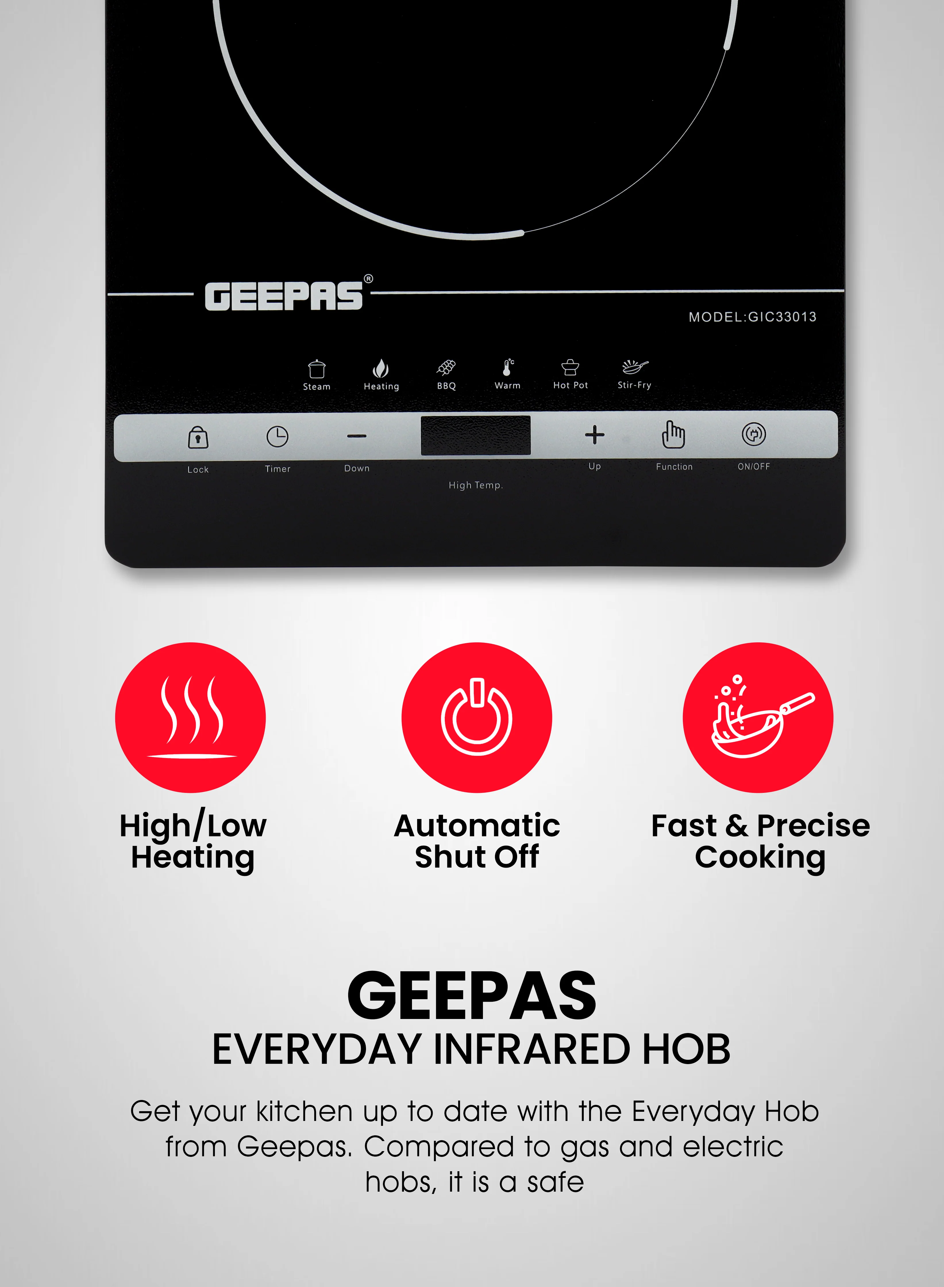 Geepas Digital Infrared Cooker GIC33013 |2000W Ceramic Heating Element| Touch Control| LED Display| 10 Adjustable Power Levels| Timer, Safety Protection| 2 Years Warranty - Image 3