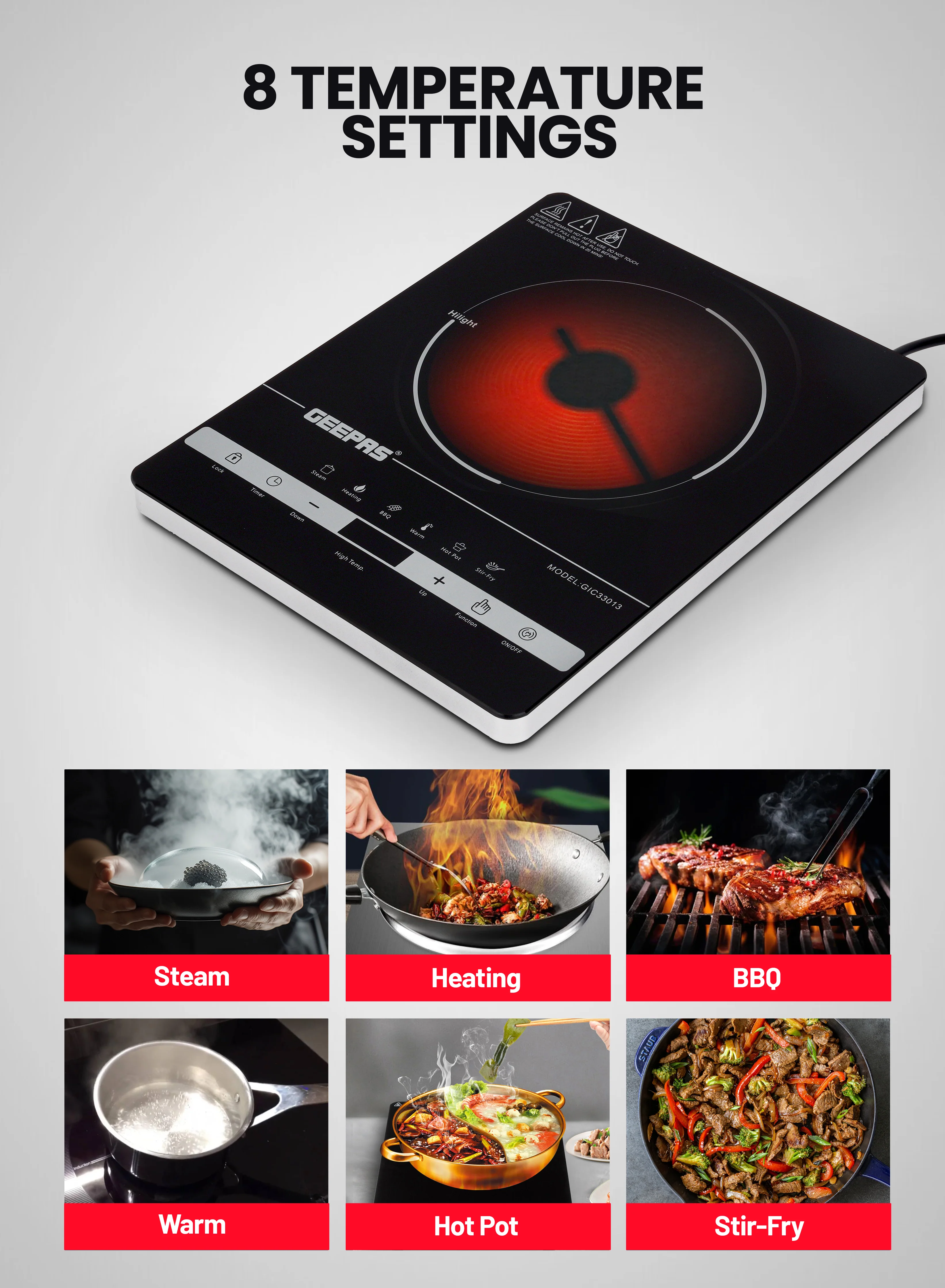 Geepas Digital Infrared Cooker GIC33013 |2000W Ceramic Heating Element| Touch Control| LED Display| 10 Adjustable Power Levels| Timer, Safety Protection| 2 Years Warranty - Image 7